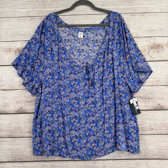 Melrose and Market Floral V-Neck Tie Front Blouse Women's‎ 2X Blue NEW - Picture 1 of 10